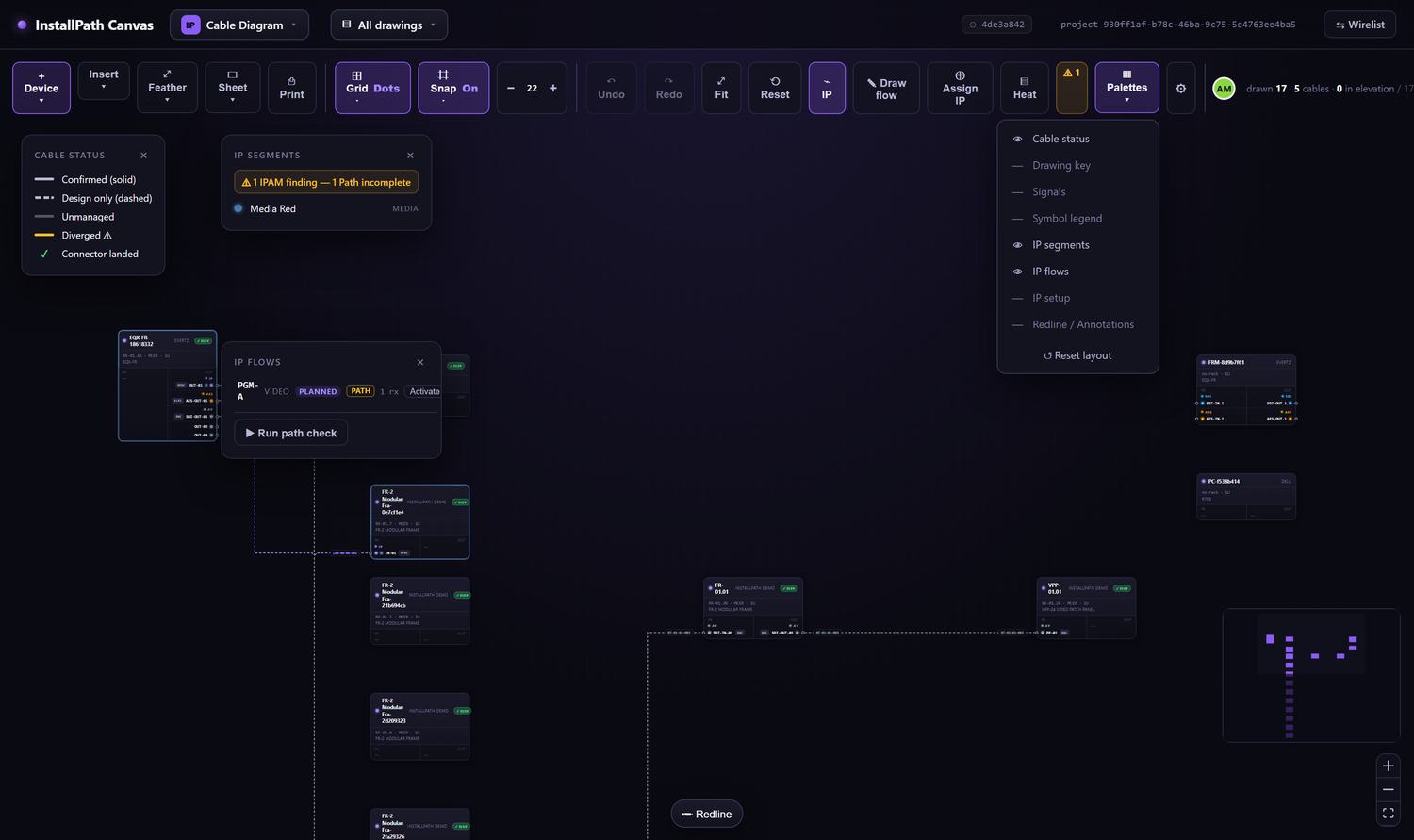 The Palettes menu, listing IP segments, IP flows and IP setup